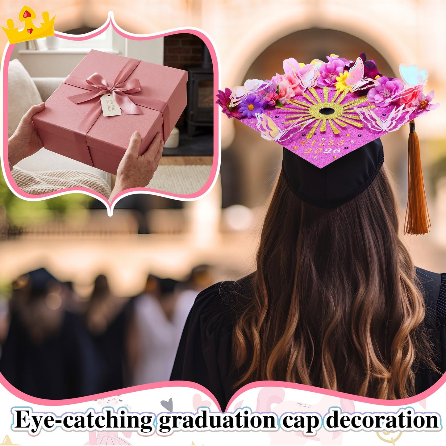 Wavwavw 47 Pcs DIY Purple Graduation Cap Decorations Accessory Kit 3D Artificial Flowers Butterfly Decals Rhinestone Pearl Stickers Letter Stickers Glitter Paper for Grad Hats Decor