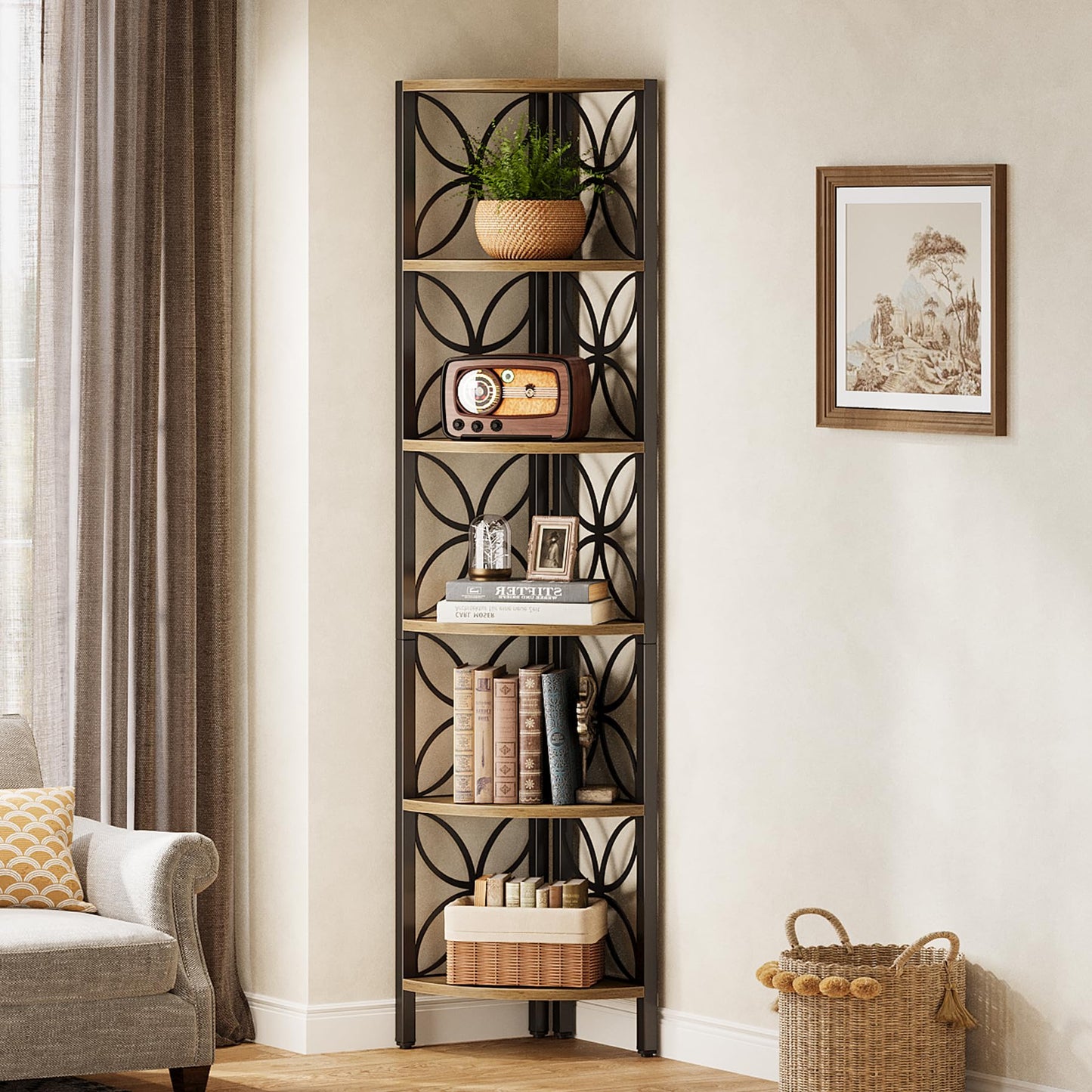 Tribesigns 6-Tier Corner Shelf, 70.9" Rustic Corner Bookshelf Display Shelf for Living Room, Wooden Shelving Unit Plant Stand Storage Rack for Bedroom, Bathroom, Small Space, Rustic Brown