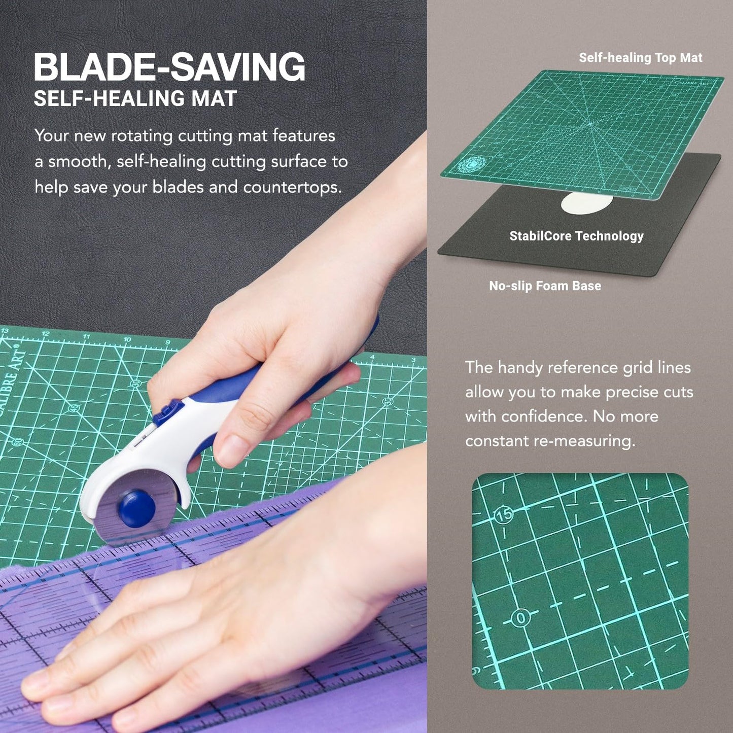 Calibre Art Rotating Self Healing Cutting Mat 14x14 (13" Grid), Perfect for Quilting & Art Projects