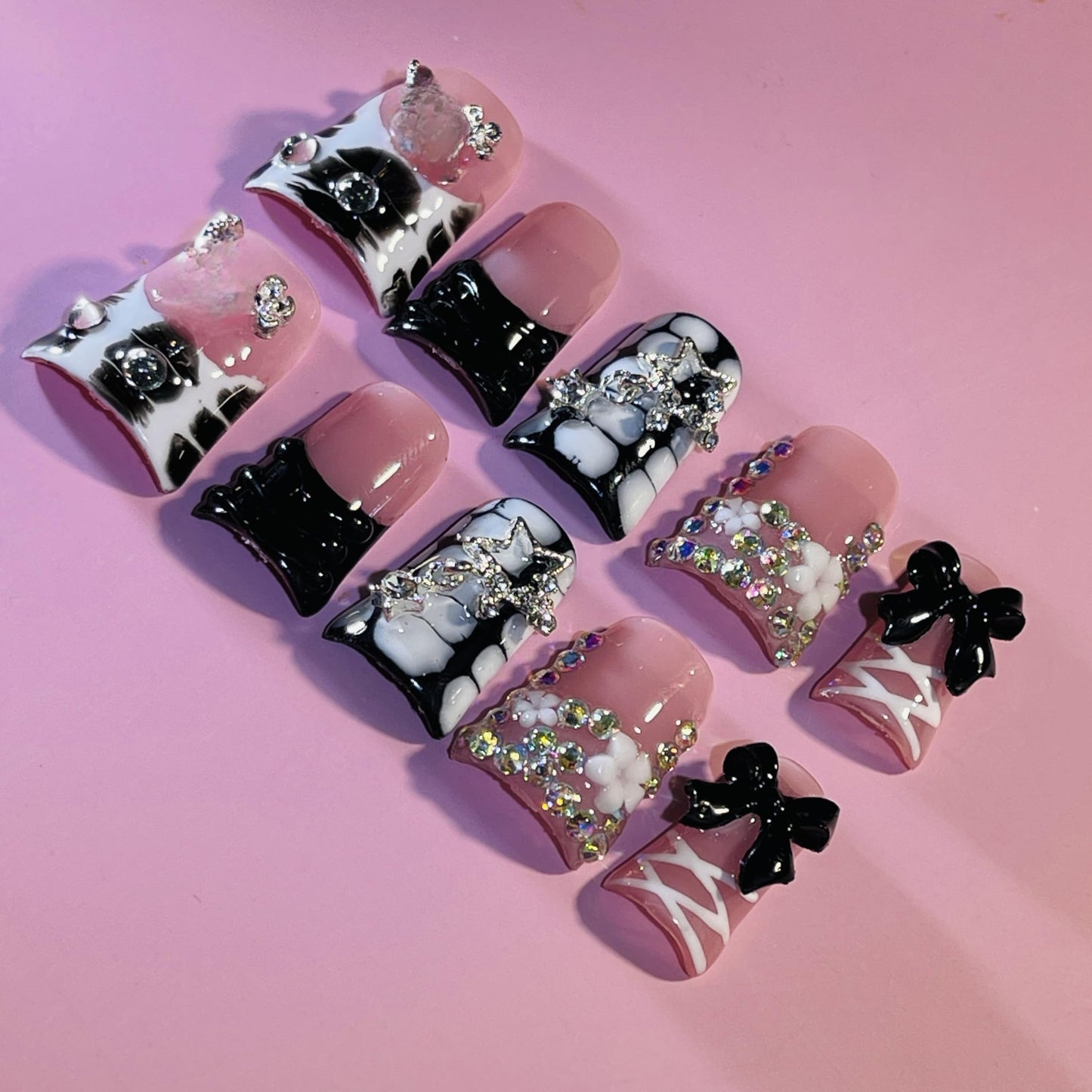 IntoVibes Handmade Short Duck Press On Nails, Black Ballet Ribbons And Y2K, 10 Pieces Reusable Acrylic False Nails, Size Medium