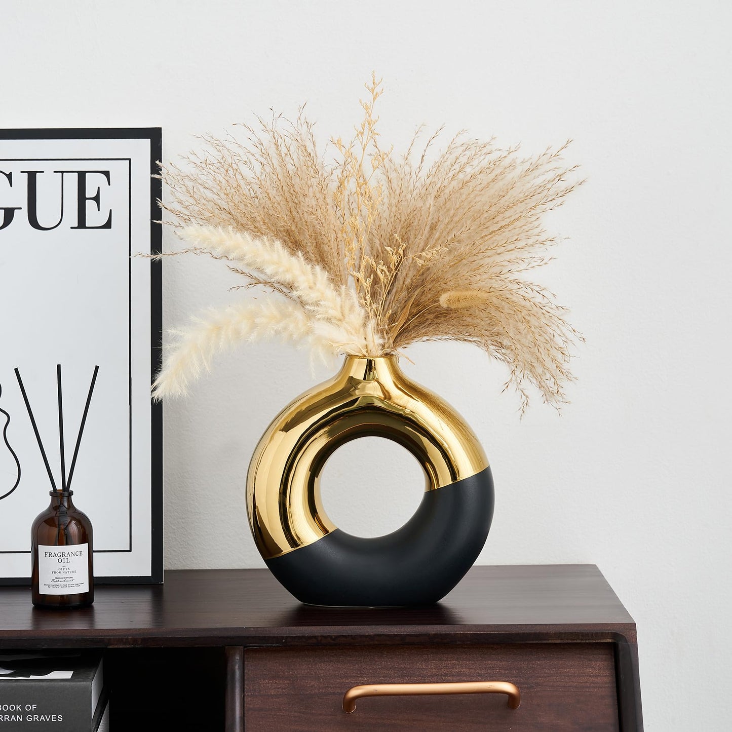 FJS Ceramic Donut Vase, 8" L x 8" H Black and Gold Round Vase for Pampas Grass, Nordic Modern Vases for Decor, Ceramic Vase Centerpieces for Wedding, Bedroom, Living Room, Coffee Table, Office