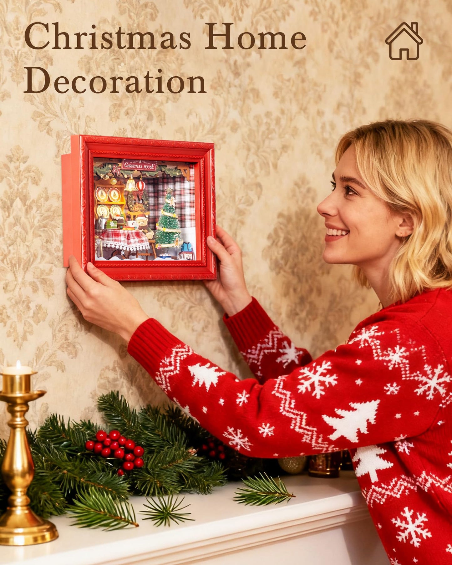 ROBOTIME Christmas Eve Party Photo Frame DIY Miniature House Kit, 3D Wooden Puzzle Building Kit for Adults, Tiny Dollhouse Model, Creative Holiday Decor & Gift for Family and Friends
