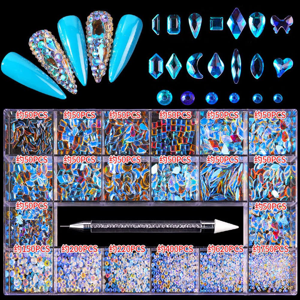 Mesiyun Nail Art Rhinestones Kit AB Flat Nail Sparking Gemstones Decorations DIY Crafts Gems for Nail, Shoes, Clothes, Jewels Accessories (Aurora)