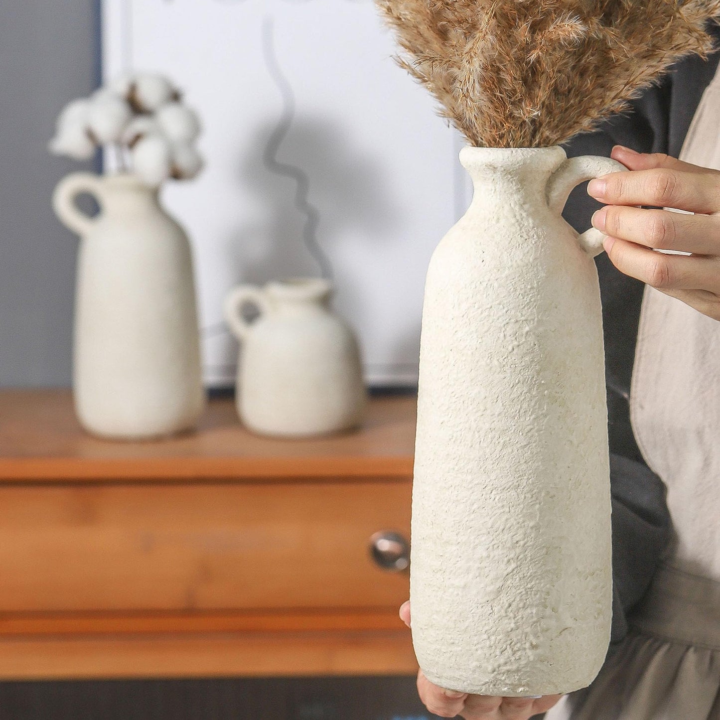 Ceramic Vase Set of 3 with Handle, Neutral Rustic Vases Home Decor Farmhouse Decorative Vase Whitewashed Pottery Decor Modern for Table Mantel Entryway Bookshelf Living Room Kitchen Bedroom - White