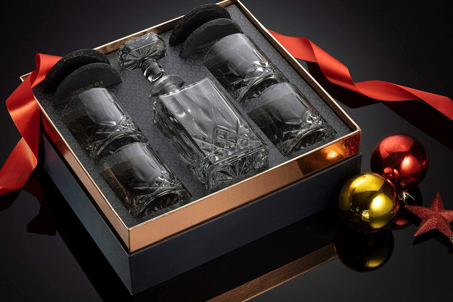 Mixology & Craft Luxury Whiskey Decanter Gift Set - 25oz Crystal Decanter, 4 Old-Fashioned Glasses, 4 Slate Coasters with Diamond Pattern Premium Black Gift Box