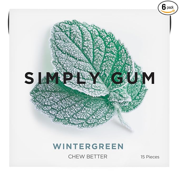 SIMPLY Gum Wintergreen, Plastic-Free Natural Chewing Gum, 6 Pack (90 Pieces) | Vegan, Kosher, Non GMO, Aspartame Free and Sorbitol Free