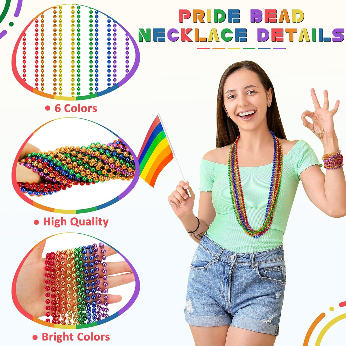 72PCS Pride Beads Stuff, Pride LGBTQ Bead Necklace Accessories Bulk, Metallic 6 Kinds of Rainbow Bead Necklace, Gay Lesbian LGBT Beads Costumes Decorations for Parade Throws Party Favors