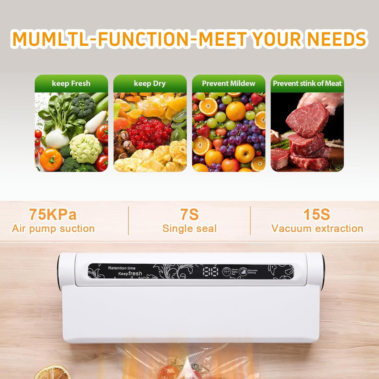 Food Saver Vacuum Sealer Machine, 75KPA Strong Suction for Dry/Wet Foods, Digital Countdown Timer, Compact Design with LED Lights, Includes 20 Vacuum Seal Bags, Ideal for Home Kitchen Use