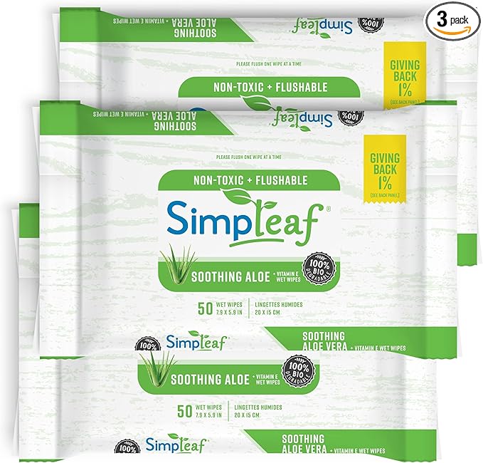 Simpleaf Flushable Wet Wipes Aloe Vera | Plastic Free, Paraben & Alcohol Free | Hypoallergenic & Safe for Sensitive Skin | Soothing Aloe Formula | Adult Toilet Wipes (3 x 50 Counts Pack) 150 Counts
