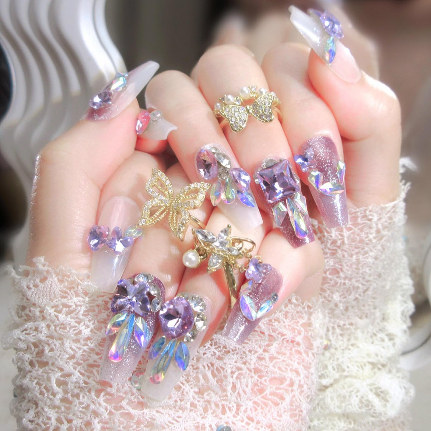 Long Press on Nails Coffin Fake Nails Purple Artificial Nail Rhinestones Designs Sparkly Stick on Nail for Women 24pcs