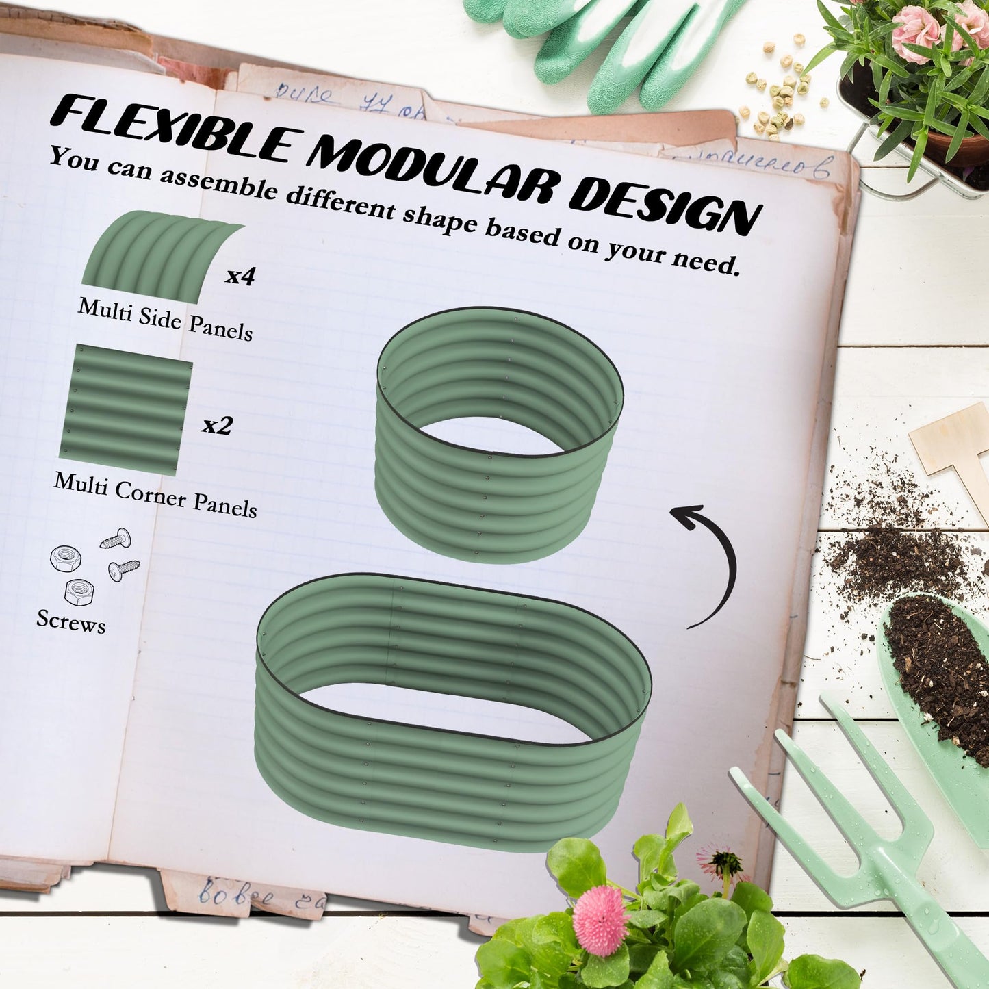 3.5' x 2' x 1.4' Galvanized Raised Garden Bed Kit, Outdoor Metal Elevated Planter Box with Safety Edging, Easy DIY Stock Tank for Growing Flowers, Herbs Vegetables, Green