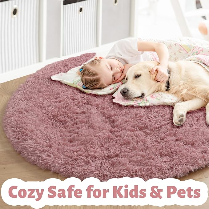 Blush Fluffy Round Rug 5Ft for Bedroom, Fuzzy Plush Circle Area Rugs for Baby Kids Room Decor Aesthetic, Shaggy Circular Carpet for Teen Girls Nursery Dorm Playroom, Cute Dusty Rose Mauve Rug