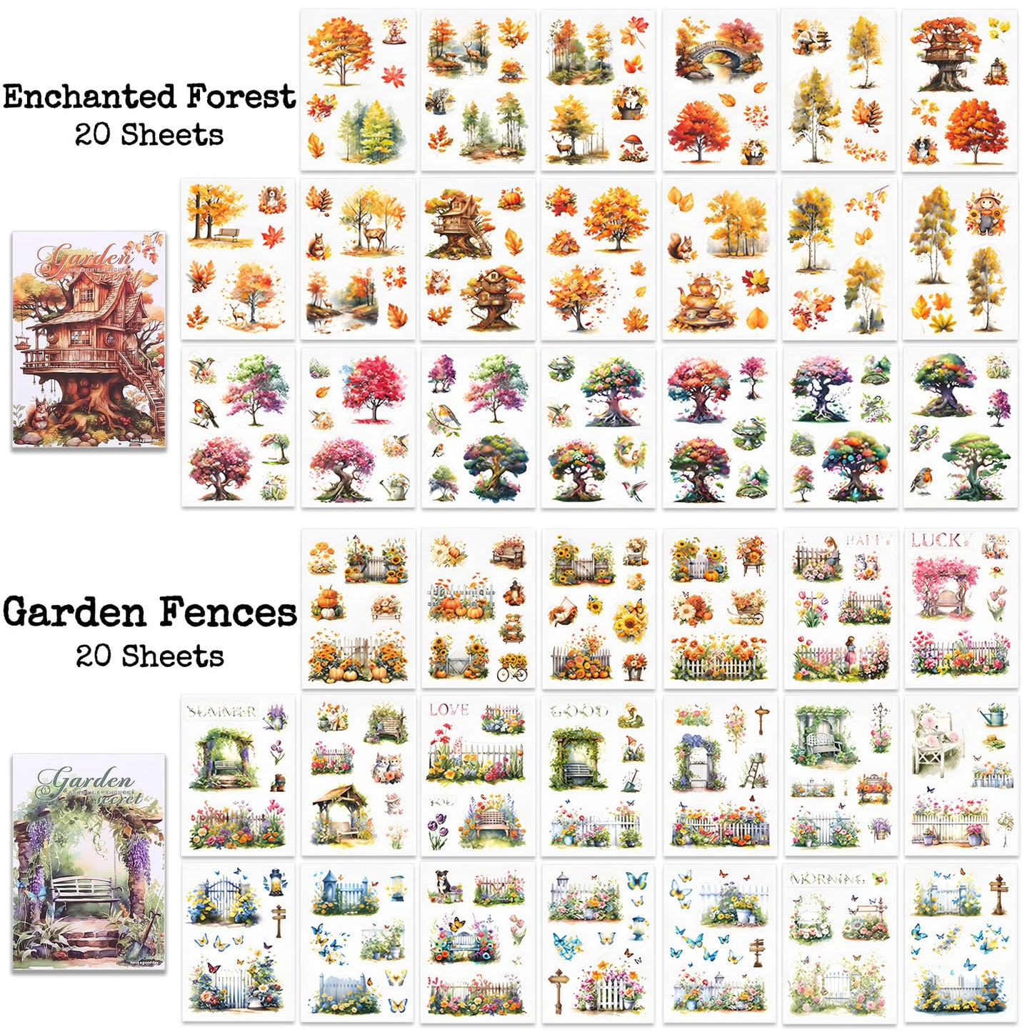 Knaid Scenery Sticker Set (490+ Pieces, 80 Sheets) 4 Pack Sticker Books Blooming Windows, Garden Houses, Enchanted Forest, Garden Fences Journaling Stickers for Scrapbook Bullet Junk Journals Planner