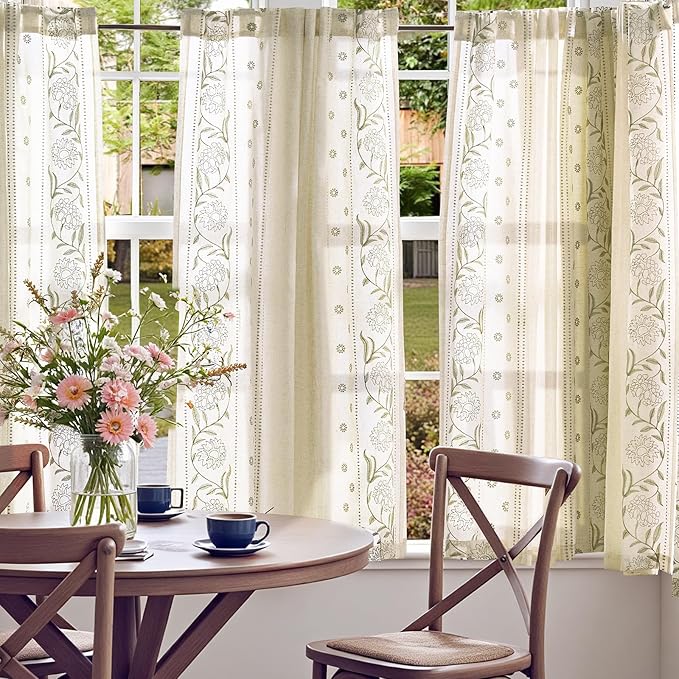 jinchan Winslow Linen Curtains 54 Inch Length Small Window Curtains Embroidered Bordered Floral Drapes Light Filtering for Bathroom Laundry Room Kitchen Farmhouse Decor Sage on Beige 2 Panels