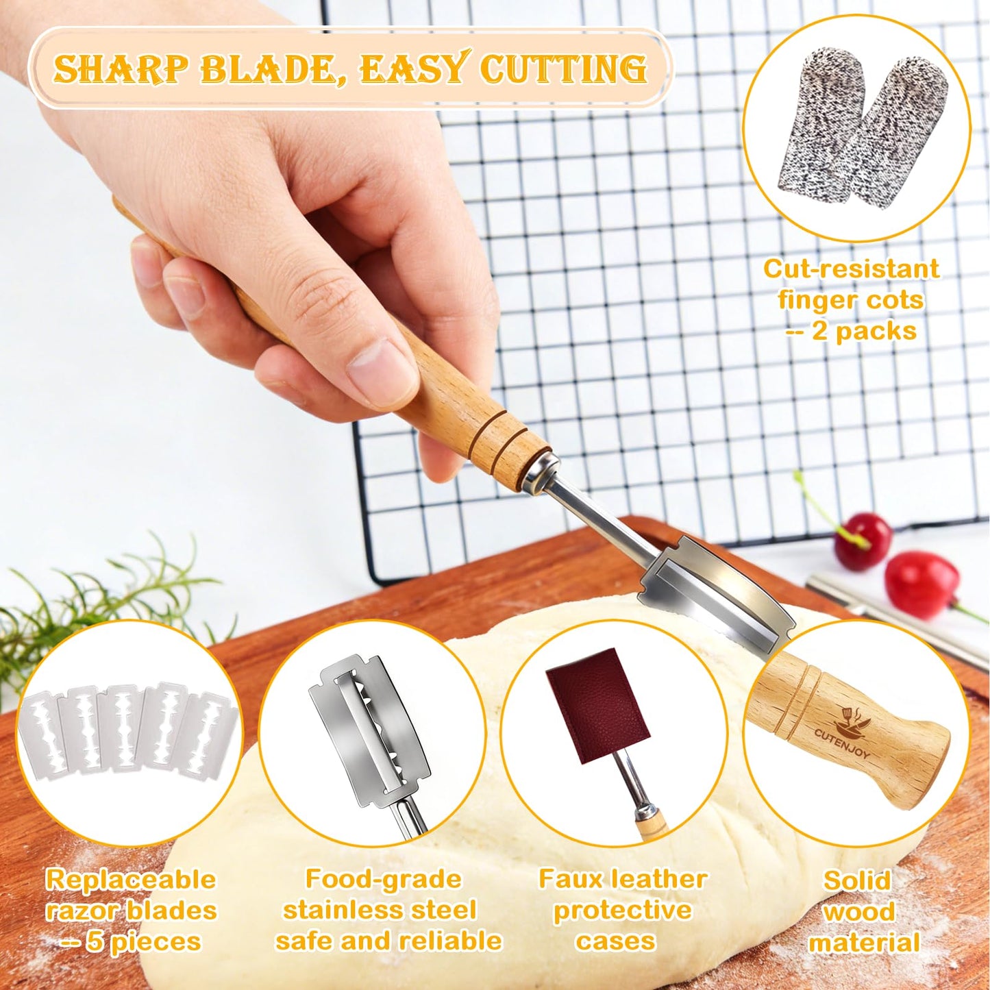 CUTENJOY Bread Lame and Flour Duster, 304 Stainless Steel Bread Baking Supplies with Razor Blades & Leather Cover, Professional Bread Scoring Knife, Flour Duster for Baking