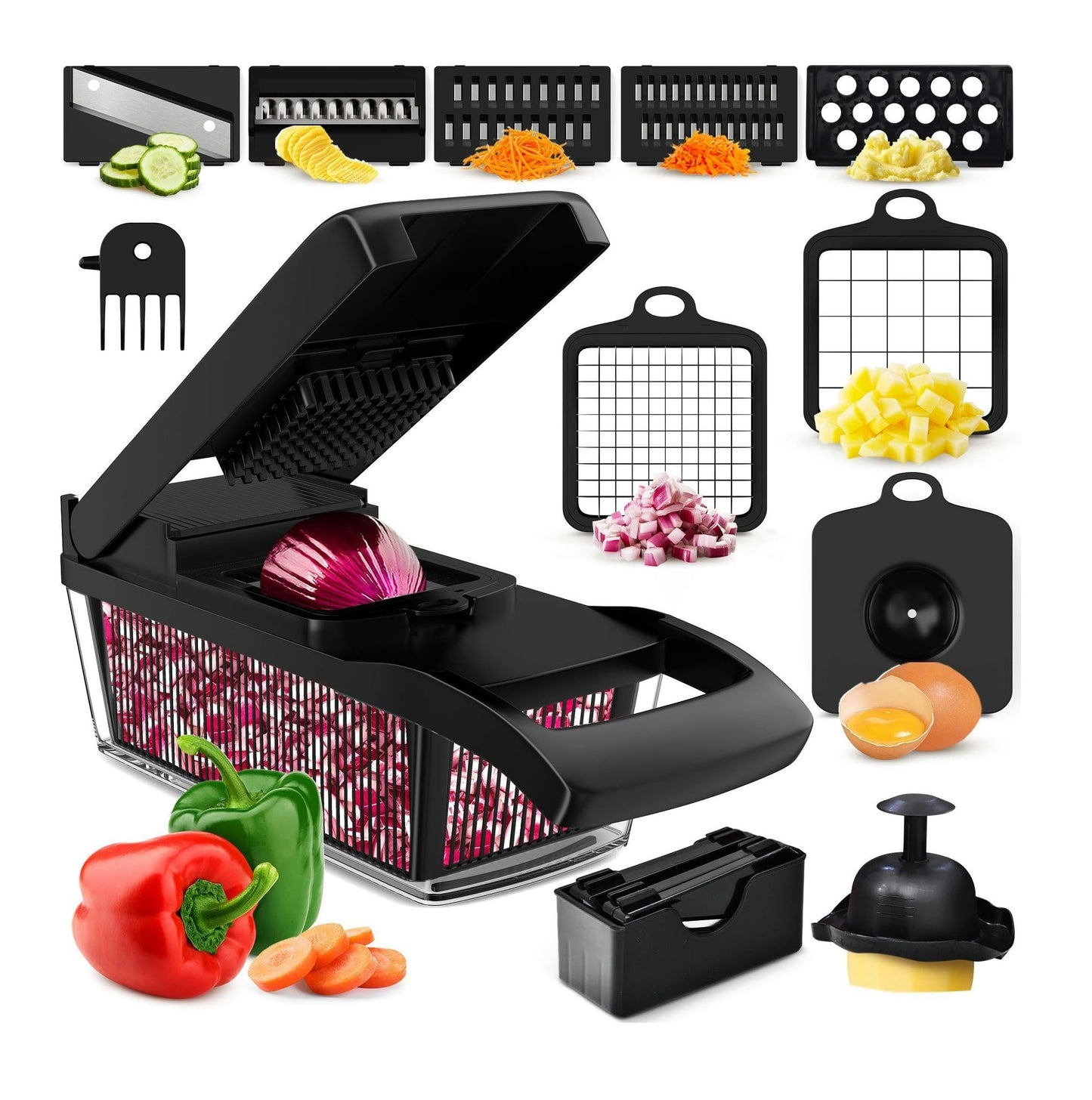 PrepNaturals Vegetable Chopper with Container, Veggie Chopper, Food Chopper & Onion Chopper - Mandoline Slicer for Kitchen (8 in 1, Black)