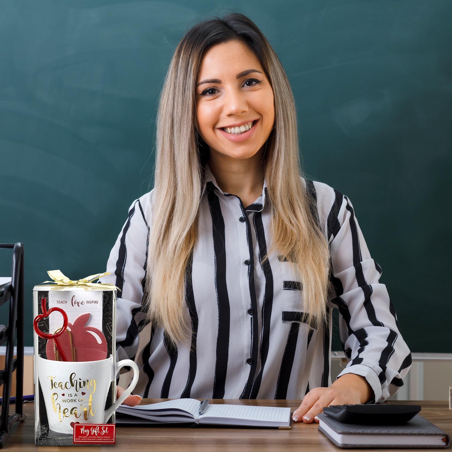 VOTUM Teacher Appreciation Gift for Women or Men - Bundle Includes Mug, Writing Pad, Apple-Shaped Pen and Sticky Notes, Jumbo Gold Paper Clip - Heart Coffee Cup - Teacher Appreciation Week Thank You