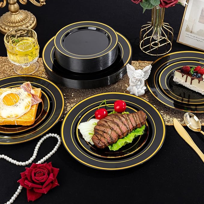 100Pcs Black Plastic Dessert Plates, Disposable Salad Plate with Gold Rim, Premium Hard Fancy Small Plates, Heavy Duty Plastic Cakes Plates for Party, Wedding and Birthday
