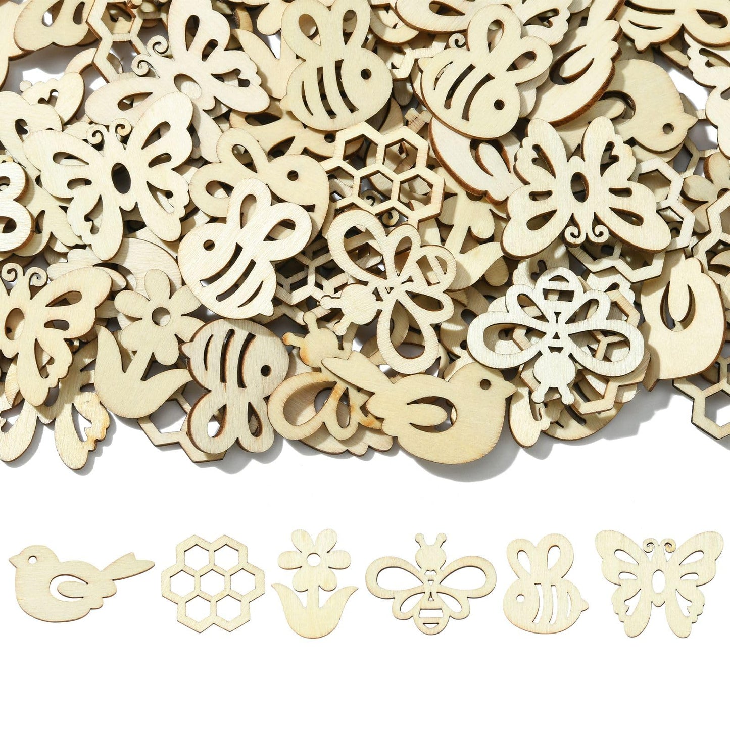 UR URLIFEHALL 200 pcs Random Wooden Spring Ornaments to Paint Blank Unfinished Flower Butterfly Bee Wood Cutouts for Crafts Hanging Decorations
