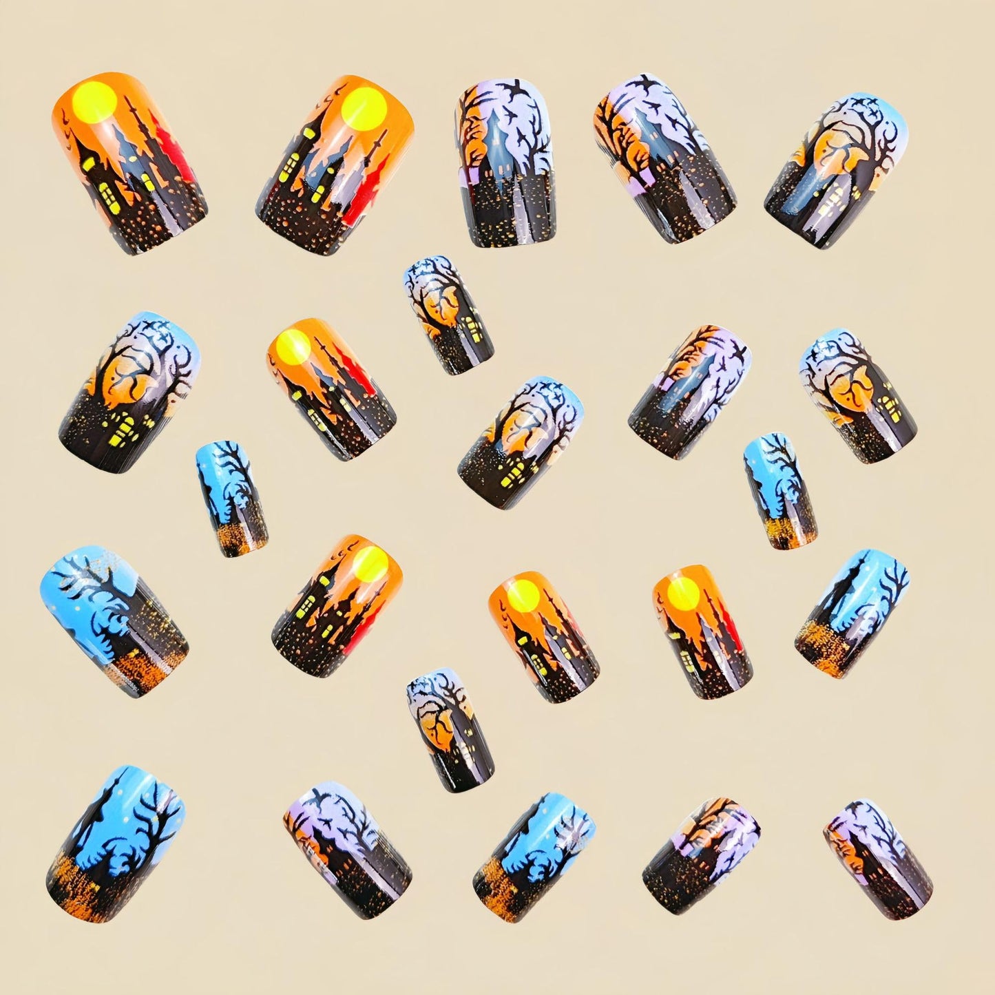 Square Hallowen Fake Nail Castle Forest Nails Press ons Terror Medium Length False Nail with Design Gradient Artificial Acrylic Nails Halloween Glue on Nail for Women 24Pcs