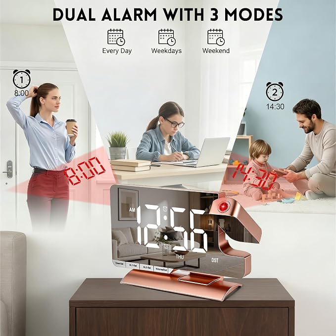Projection Clock,Alarm Clocks for Bedrooms,7.3"Mirror Bedside Clock