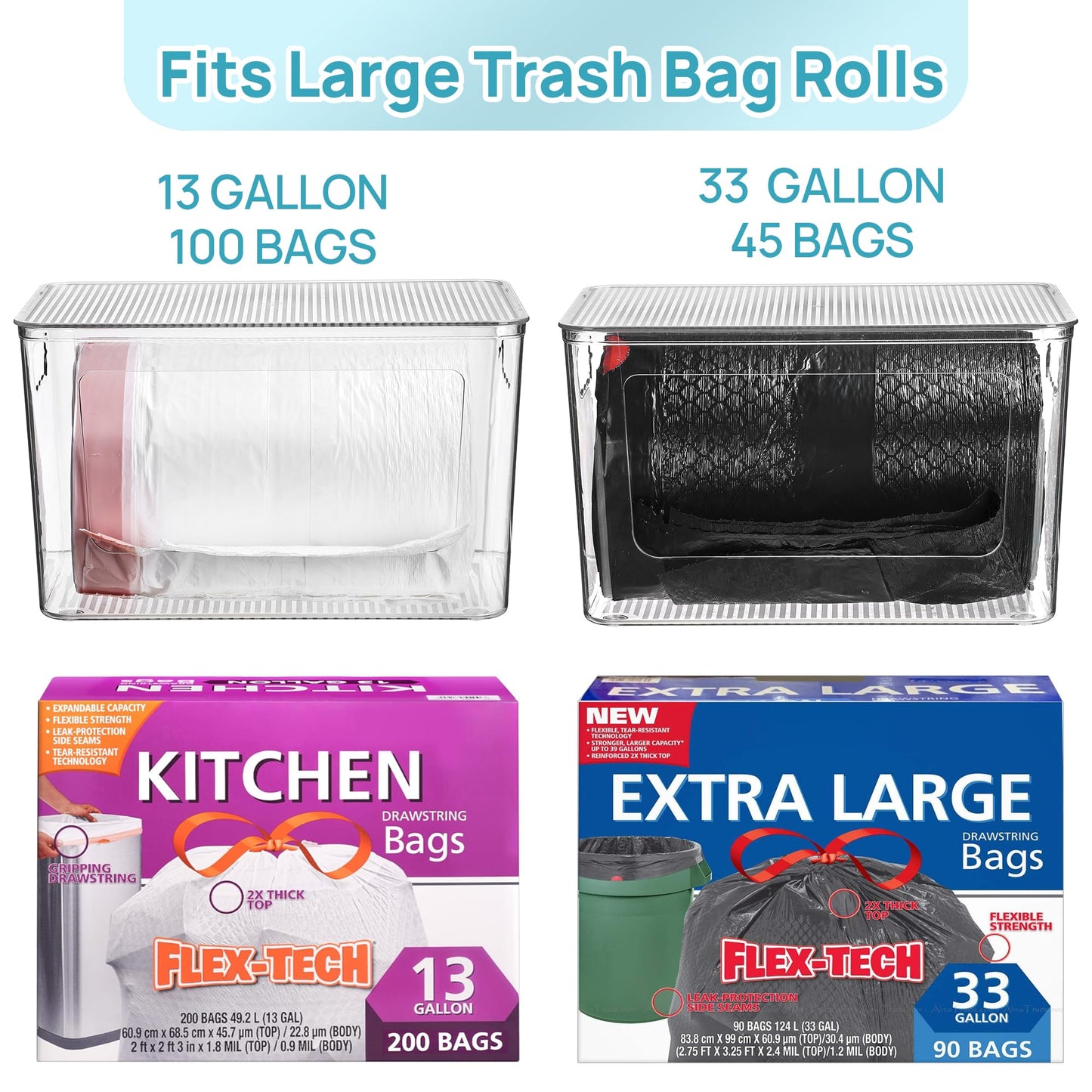 Vtopmart 2 Pack Trash Bag Holder, Stackable Garbage Bag Dispenser for 13/30/33 Gallon Bags, Clear Organizer Bins for Under Kitchen Sink, Laundry Room Organization and Storage