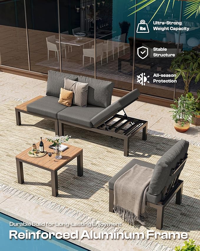 Aluminum Outdoor Patio Sofa Set, 2 Seats Modular Sectional Reclining Loveseat Sofa with Adjustable Backrest & Removable Cushions, All-Weather Conversation Sets for Garden & Yard, Graphite
