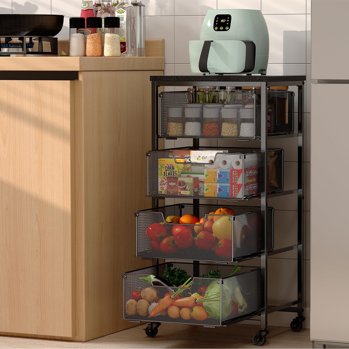 4-Tier Fruit Vegetable Storage Cart - Kitchen Organizer and Storage Cart with Wheels, Wooden Top Metal Wire Fruit Vegetable Rack Stand with Drawers to Storage Cans Snacks for Kitchen(Patent Pending)