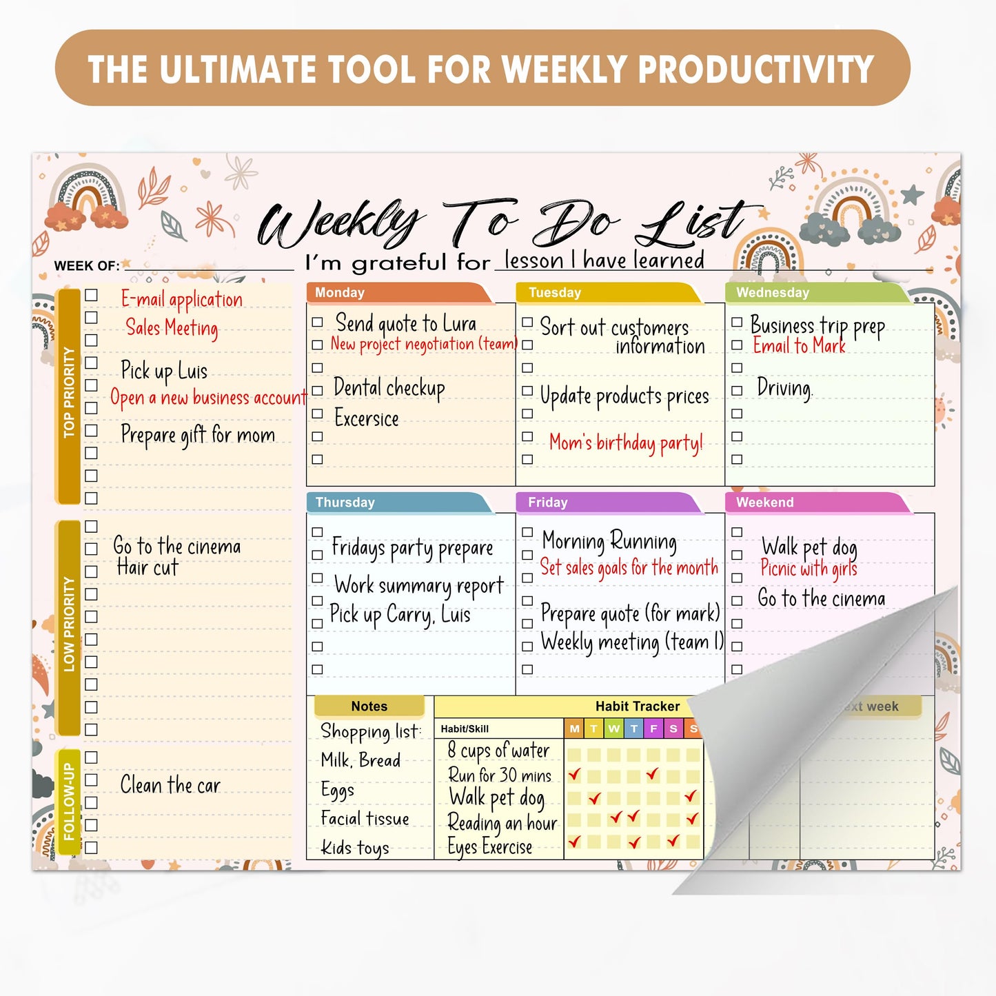 Weekly Planning To-Do-List Pad, 52 Undated Sheets for Daily To-Do Lists, Habit Tracking, Academic Scheduling, and Productivity Goals - Perfect for Work, Home, and Office Organization 8.5x11 inches