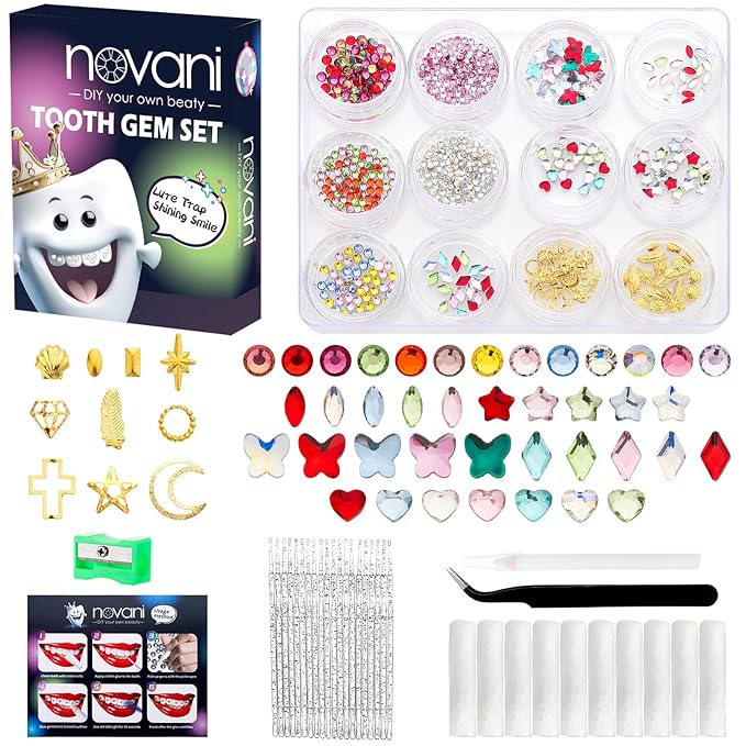 Novani 690 Pieces Tooth Gems Jewelry Kit for Teeth, Tooth Diamonds DIY Crystal Rhinestones Mixed Sizes Colors and Shapes Gemstones for Teeth (Without Glue)