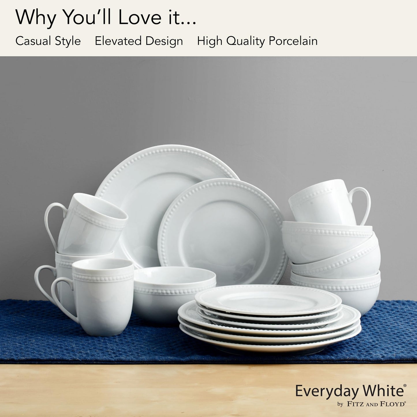 Everyday White by Fitz and Floyd, Beaded 16 Piece Dinnerware Set, Service for 4
