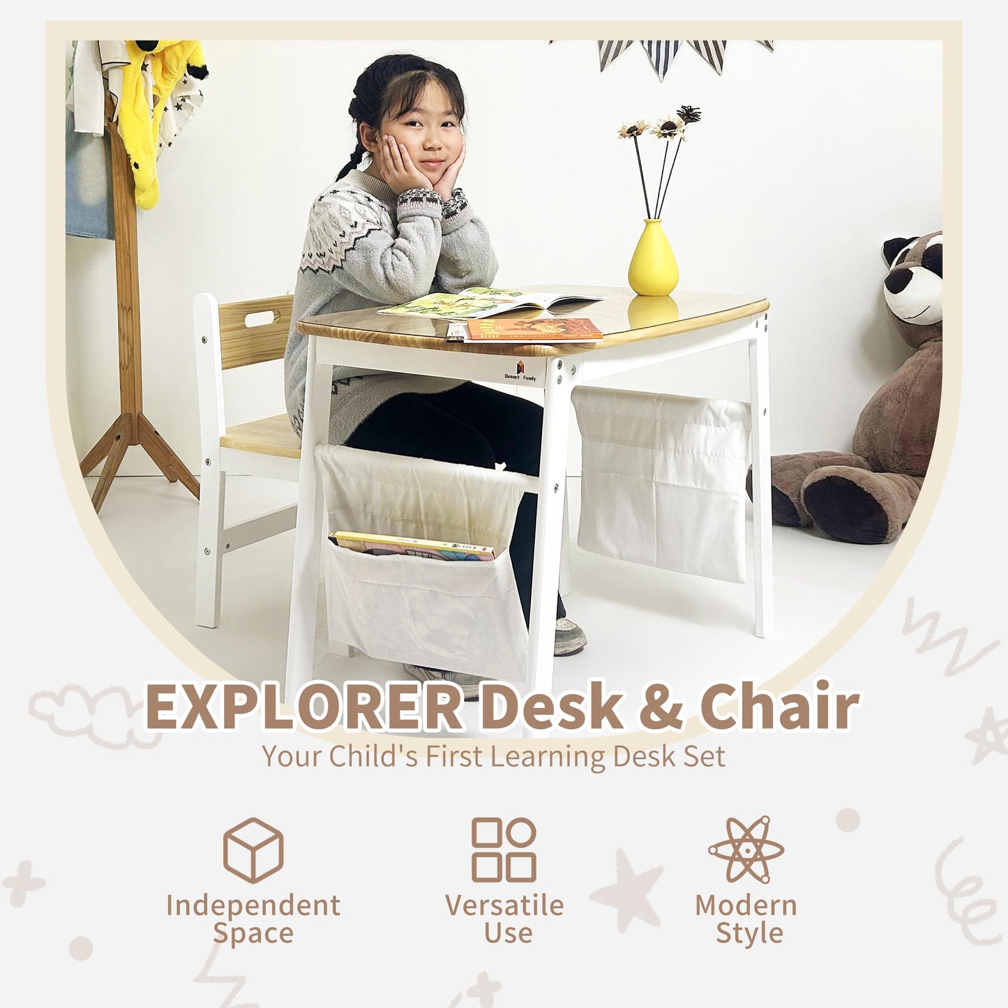 Damoch Family® My First Desk - Kids Desk & Chair Set (Ages 3-8) - Natural Wood Study Table with Ergonomic Chair, Learning Station, Art & Craft Table | PVC Protector & Storage Bags Supplied