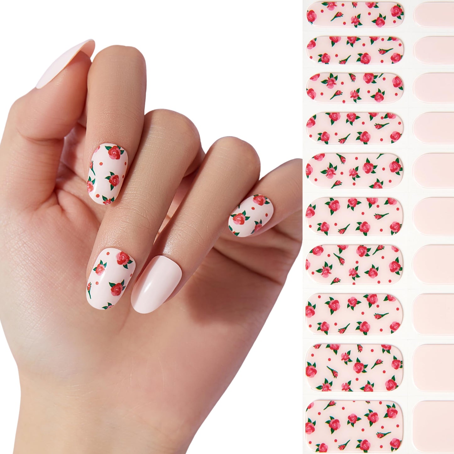 Semi Cured Gel Nail Strips - NAILOG 20 Pcs Pink Flowers Nail Stickers Extra Long Wraps with Glossy Gel Finishing for Spring Summer, Rosette