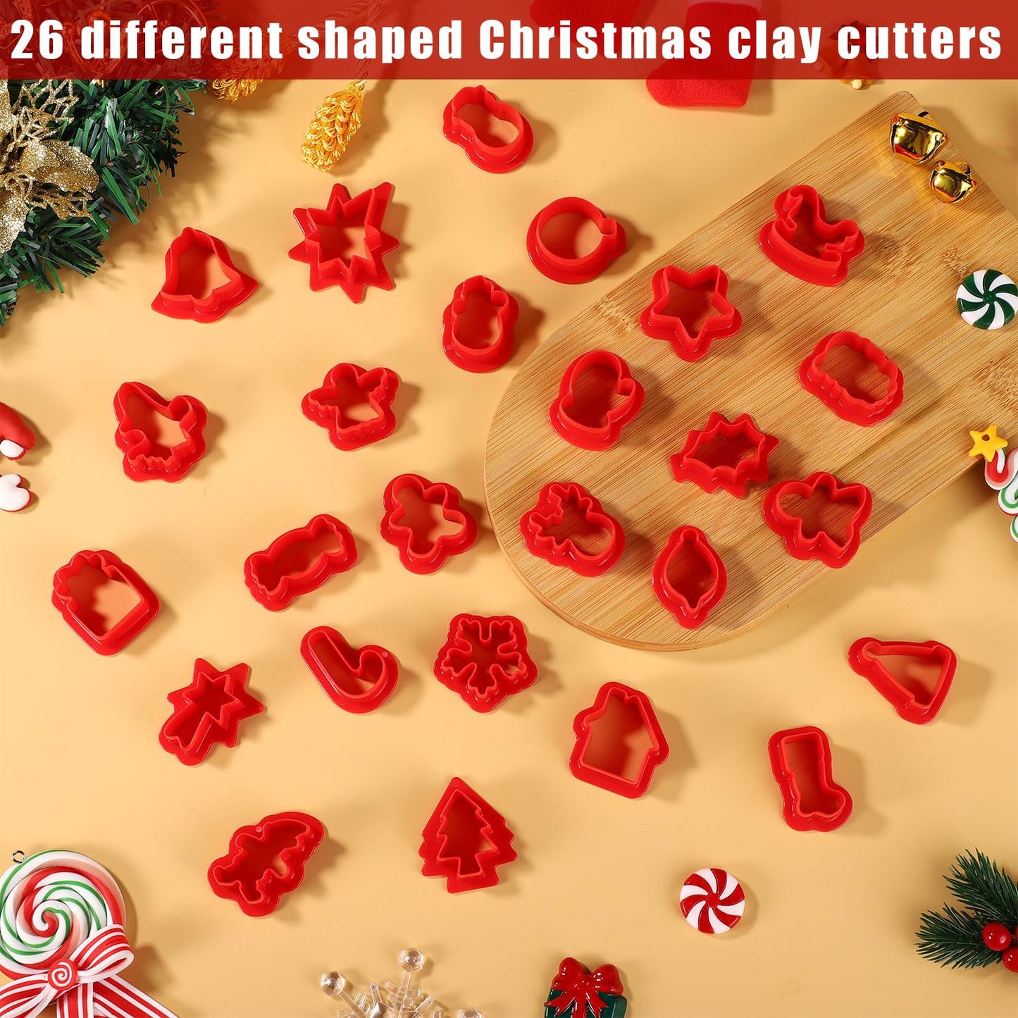26pcs Christmas Polymer Clay Cutters for Ornaments, Resin Polymer Clay Molds Mini Xmas Holiday Embedded Clay Cutters 26 Design Polymer Clay Tools for Earrings Jewelry Making DIY Craft (Red)