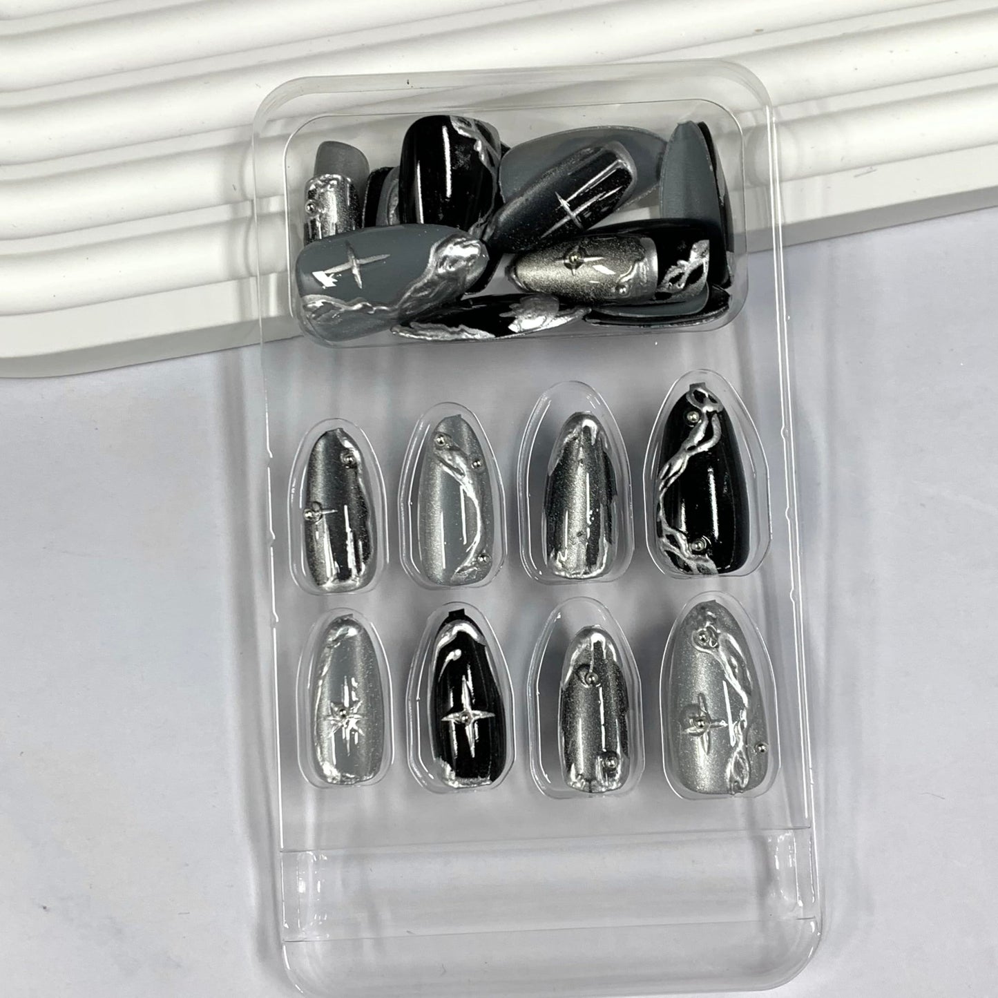 BABALAL Press On Nails Medium Almond, Black Cat Eye Fake Nails, Silver Chrome Gothic, Y2k Star, 24Pcs Acrylic False Nails