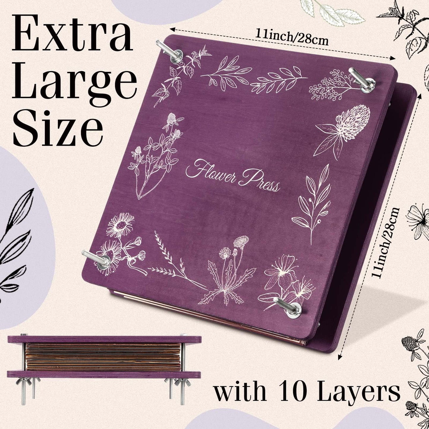 Hoolerry Extra Large Flower Press Kit 11" x 11" Wooden Floral Presser 10 Layers Wedding Bouquet Preservation Kit Dried Flower Art for Bookmark Floral Drying Gift(Lavender)