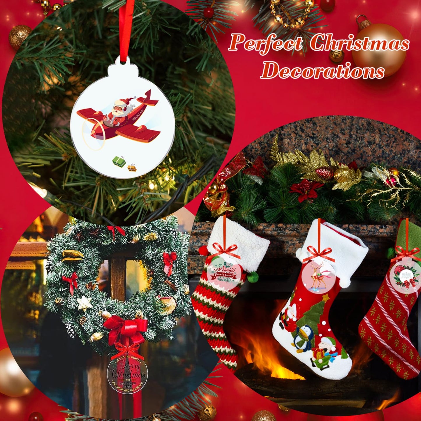 Acrylic Ornaments Blanks, 50Pcs Acrylic Blanks & 50Pcs Stickers, DIY Christmas Ornaments, Blanks Ornaments with a Red Roll Ribbons for Christmas Tree Decoration(4 Inch)
