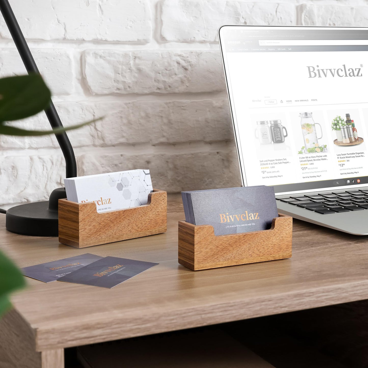 Bivvclaz 2 Pack Business Card Holder Desk, Acacia Wood Business Card Organizer Desktop Business Card Display Stand for Office Tabletop Exhibition, Small Business Essentials