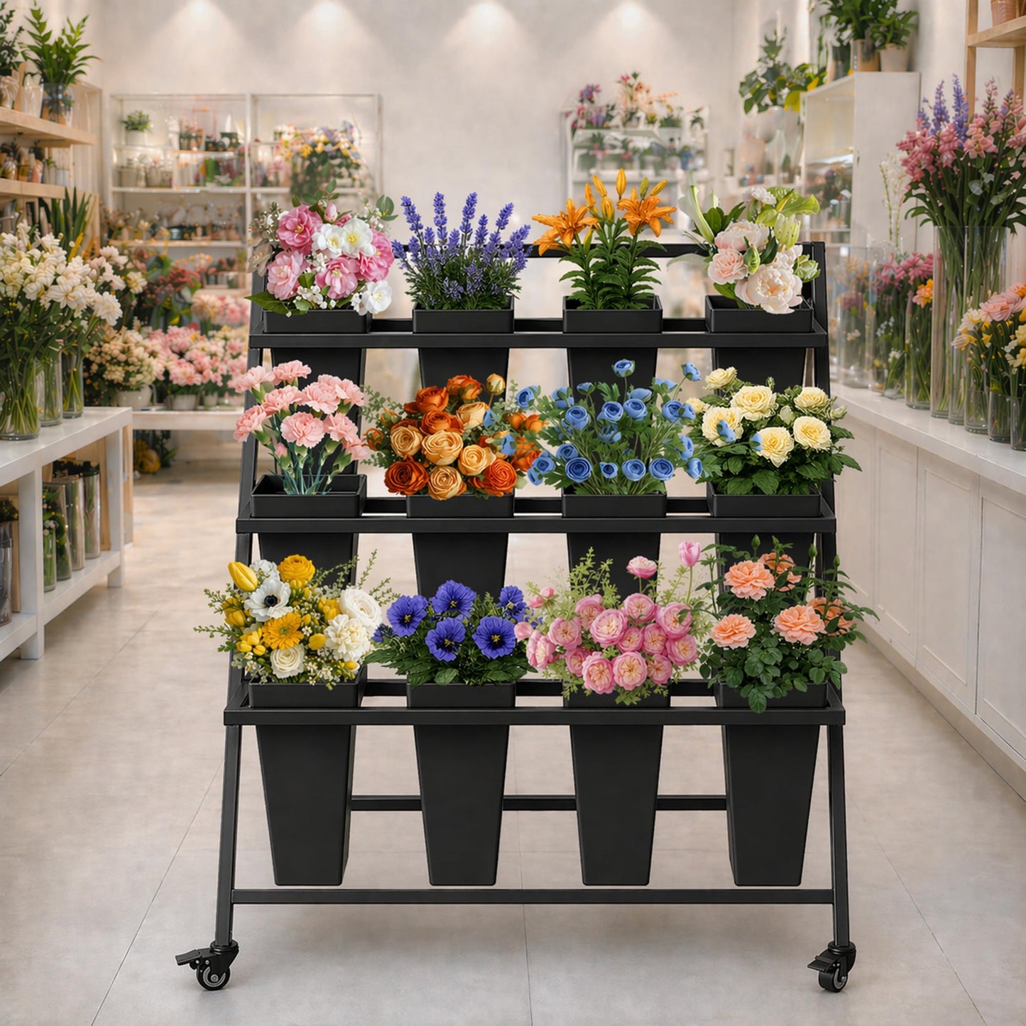 PROLEE Flower Stand with 12 Buckets, Flower Display Stand with Wheels, Flower Cart, Moving Florist Bouquet Shelf, Triangular, Black