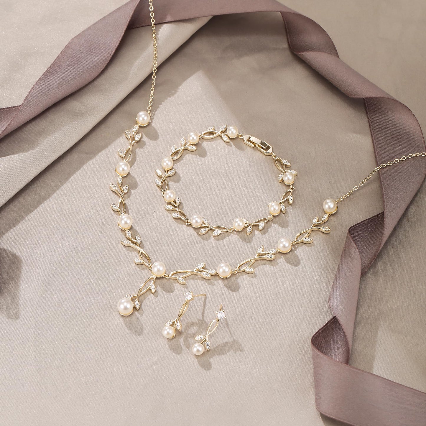 EVER FAITH Wedding Jewelry Sets for Bride, Gold-Plated-Brass White Cubic Zirconia Simulated Pearl Leaf Filigree Bridal Party Necklace Earrings Bracelet Set for Women