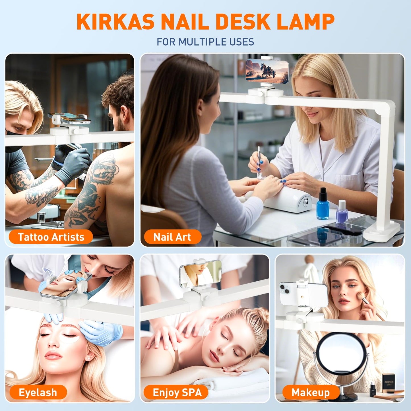 KIRKAS 34inch Large Half Moon Light for Nail Tech, 456 LEDs 3 Color Modes Infinitely Knob with Phone Holder Charging Function, Foldable Nail Desk Lamp for Eyelash Extension, Tattoo-White(34inch Large)