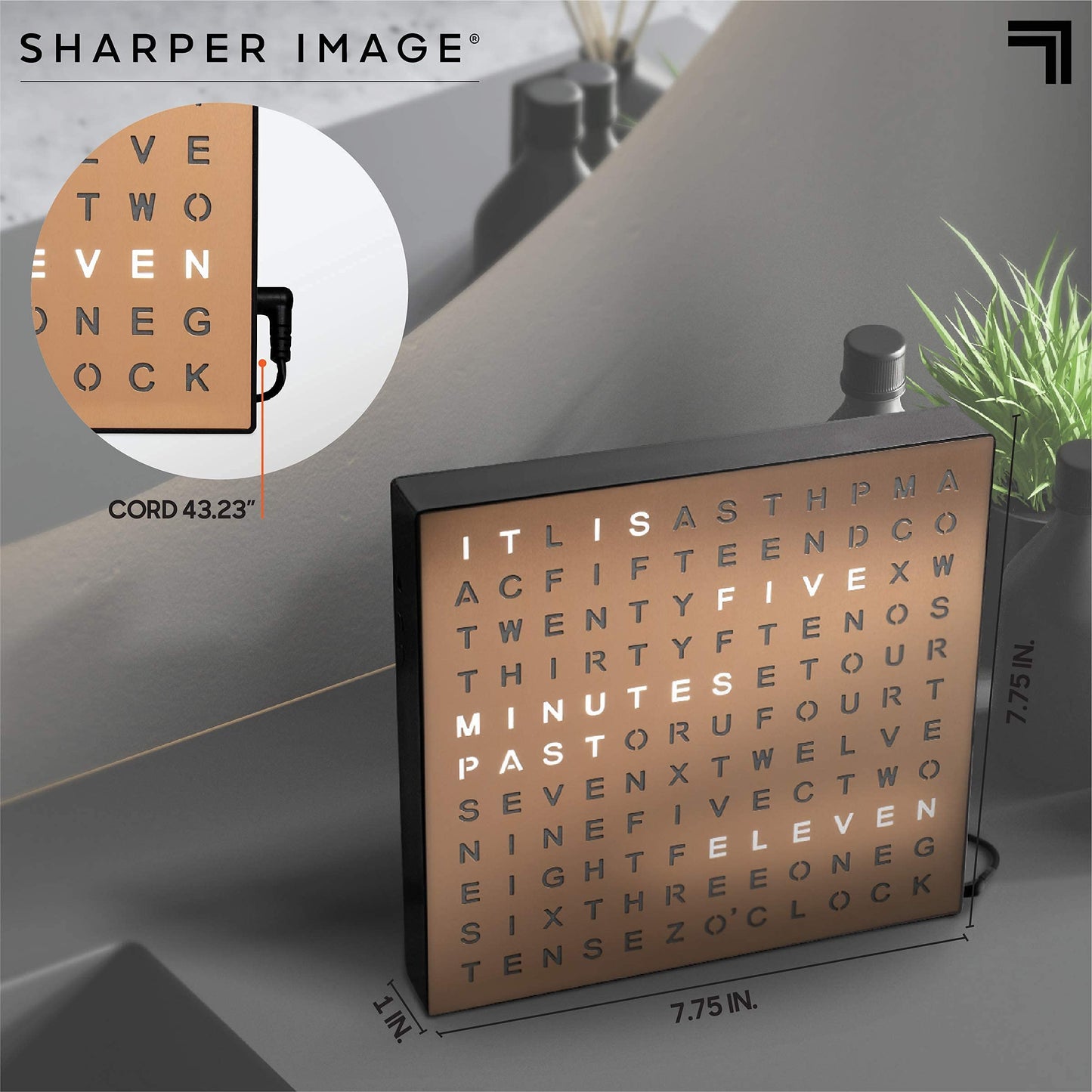 Sharper Image LED Word Digital Clock, 7.75", Copper Finish, Light-Up Desk & Wall Clock, Modern Time Display, Shelf or Wall Decor for Home Office, Living Room, Kitchen & Bedroom, Housewarming Gift