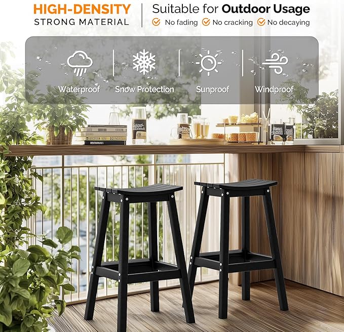 VINGLI 29 Inch Outdoor Bar Stools Set of 4, HDPE Weather Resistant Barstools Heavy Duty Patio Bar Height Chairs for Deck Balcony Kitchen Counter Yard and Poolside(Black, 29 Inch 4 PC)