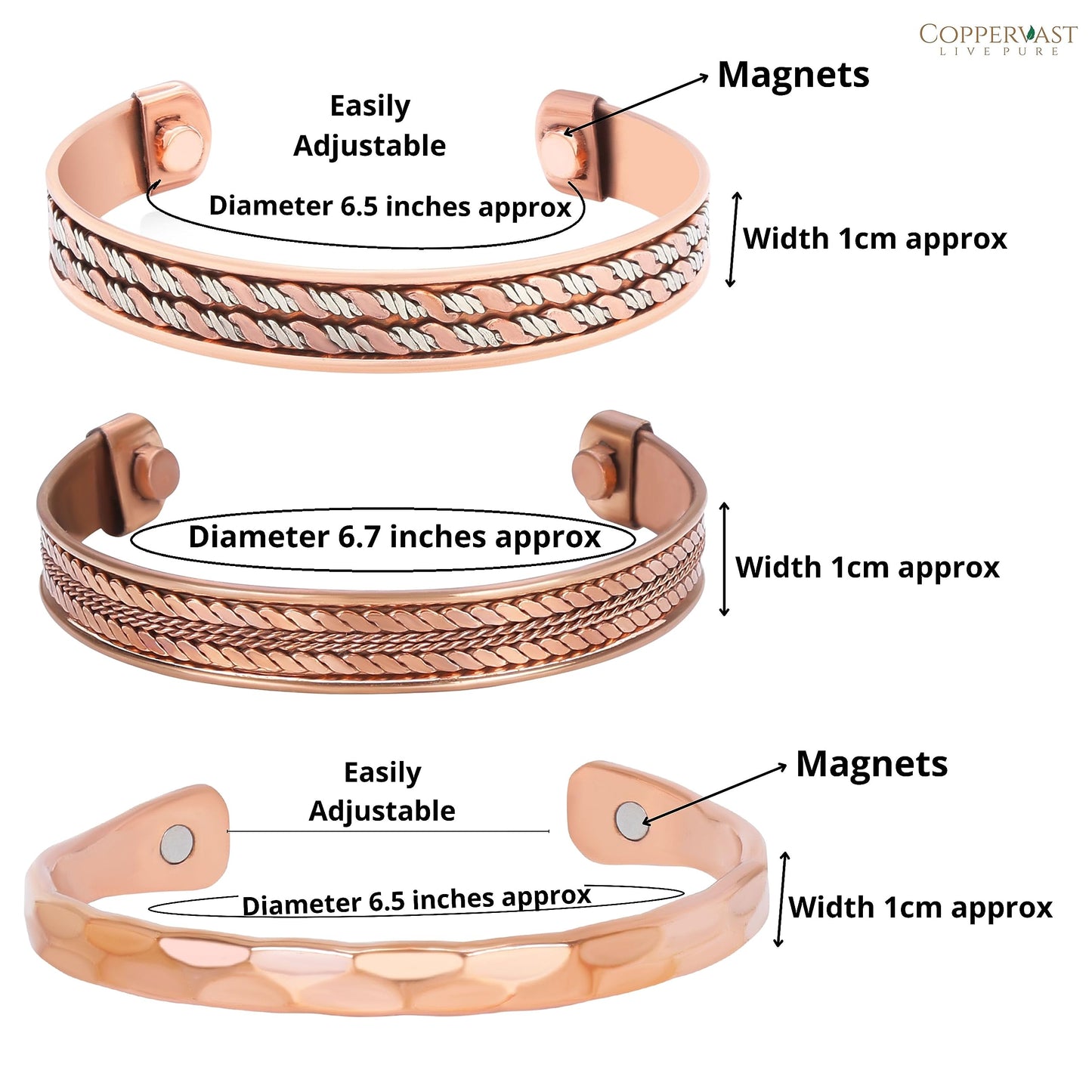 Pure Copper Bracelet Set for Men & Women –3-Piece - Handmade Adjustable Solid Copper Cuff Bangles with Gift Bag | Elegant Unisex Copper Jewelry Gift for Mom