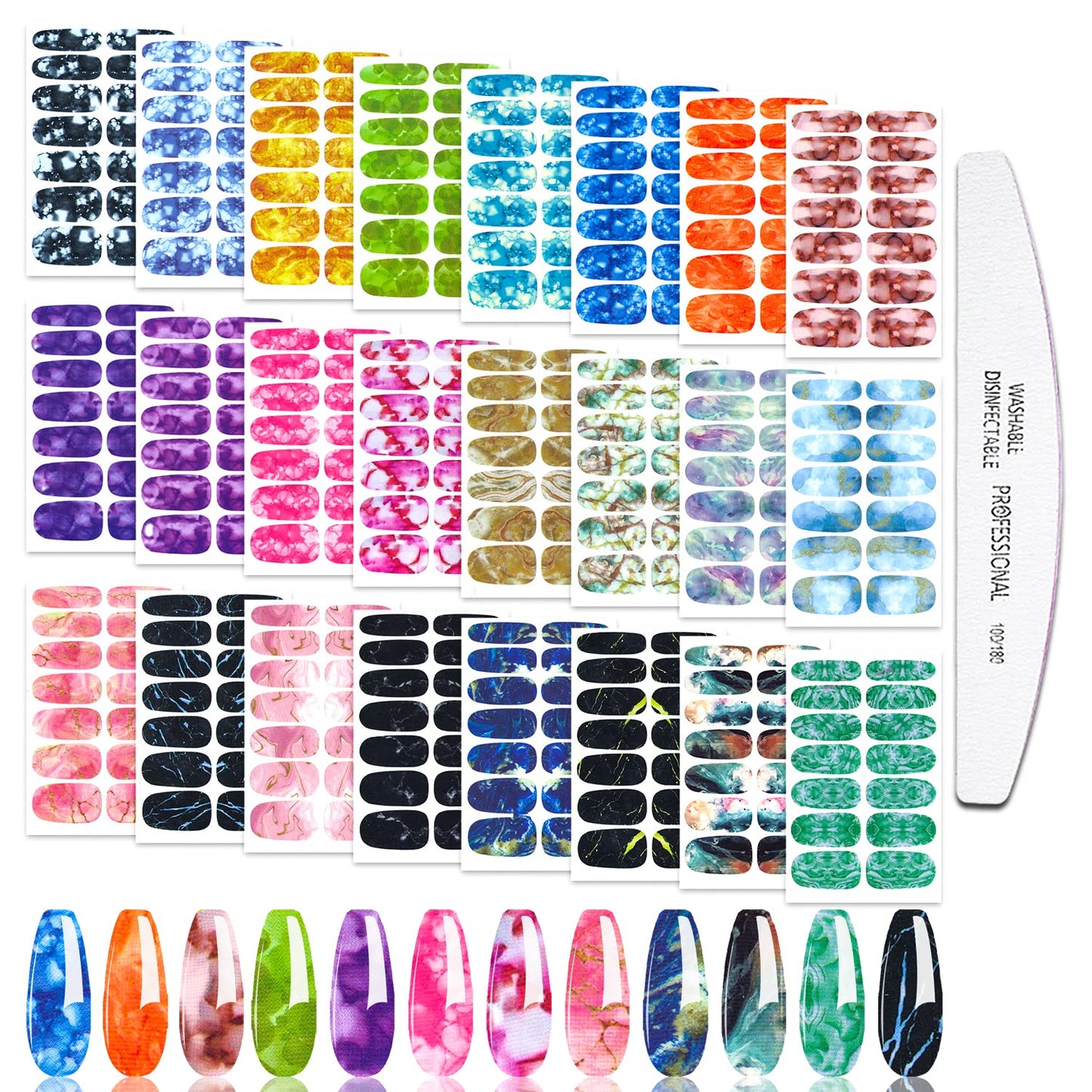 JERCLITY 24 Sheets Candy Gradient Color Marble Real Nail Polish Strips Stickers Adhesive Marble Nail Decals Stickers Full Nail Wraps for Women DIY Nail Art