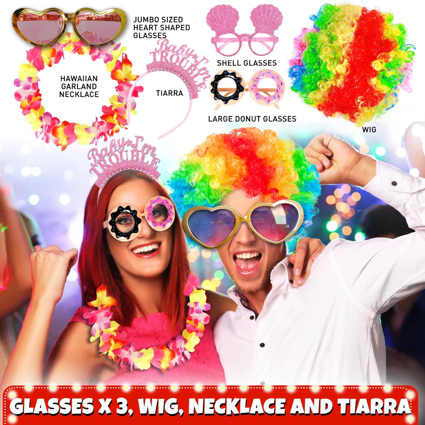 SOUL SHIFT 70 Pc Large Premium Photo Booth Props Set for All Occasions - Wedding Props, Birthday Props, Graduation Prop, Inflatables, Large Glasses, Multi-Colored Wig, Hawaiian Lei, Hand Pump