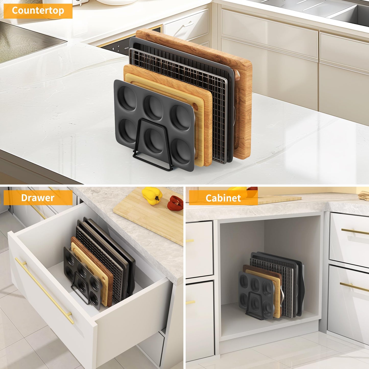 LAEMYFYRE Cutting Board Organizer Kitchen Organizer Rack for Cutting Board, Bakeware, and Cookie Sheet, 5-Slot Heavy-Duty Steel Cookware Holder,Rust-Resistant with Anti-Slip Feet (2, Small)
