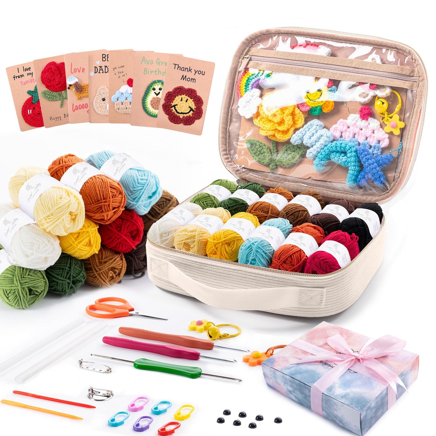 MYBAGZING Crochet Kit for Beginners, Complete Starter Set with Yarn, Ergonomic Crochet Hooks, Needles, Crochet Accessories and Suppliers for Crochet Beginner Projects, Knitting Kit for Adult