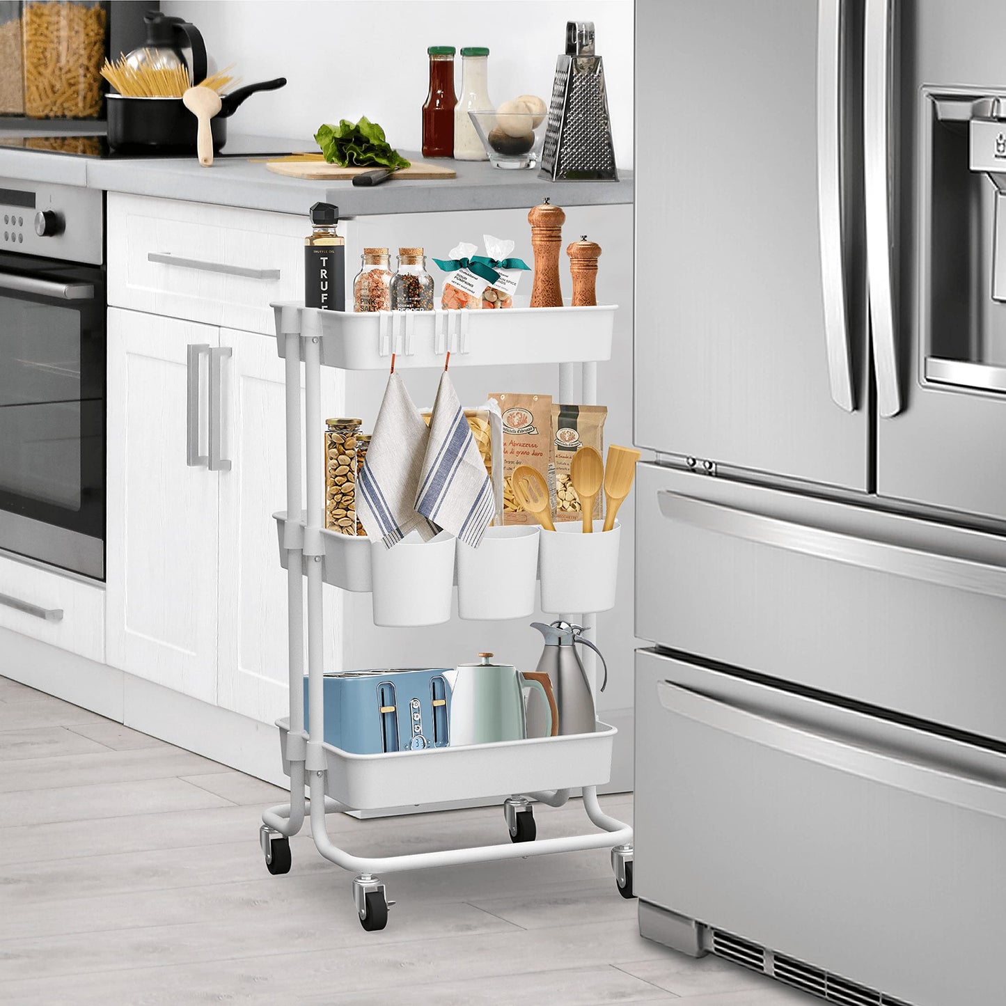 CAXXA 3-Tier Rolling Storage Organizer with 3 Small Baskets - Mobile Utility Cart with Caster Wheels (White)