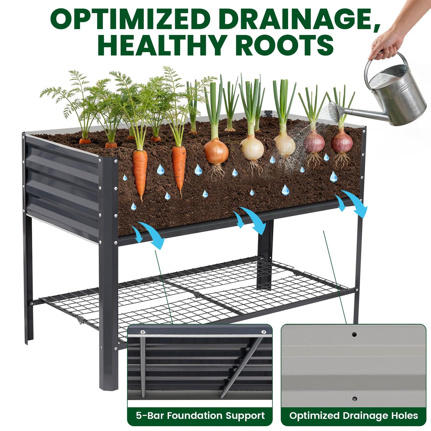 1MORE Elevated Raised Garden Bed with Legs & Storage Rack, 48×24×32in Large Metal Raised Bed for Backyard, Patio. Raised Planter Box with Drainage Holes for Plants Vegetables Flowers Fruits(Grey-1pcs)